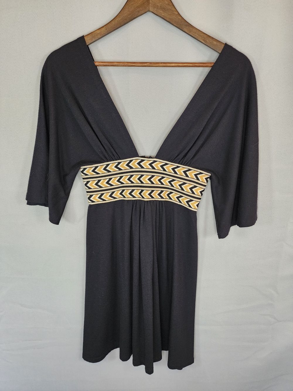 Peace By Lotta Stensson Deep V Black Mini Dress with Chevron Waistband